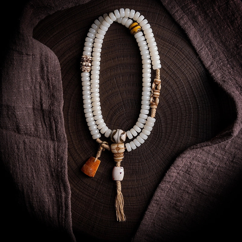 Natural White Jade Bodhi Root Buddha Bead Bracelet 108 pieces